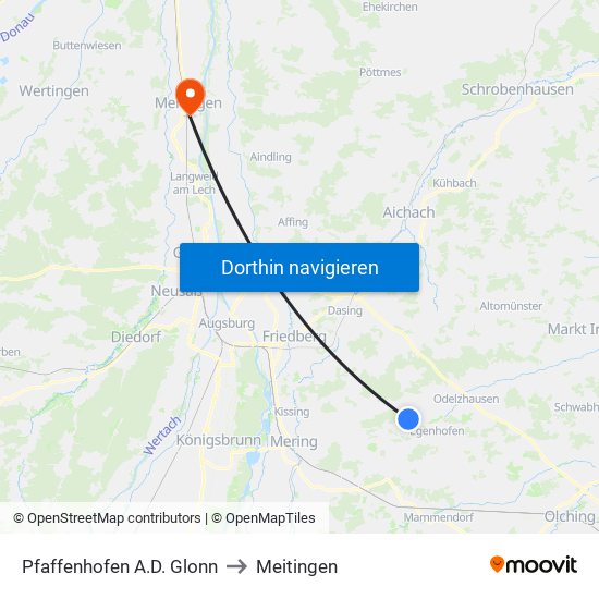 Pfaffenhofen A.D. Glonn to Meitingen map