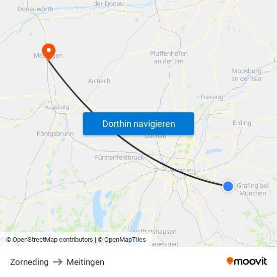 Zorneding to Meitingen map