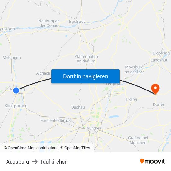 Augsburg to Taufkirchen map