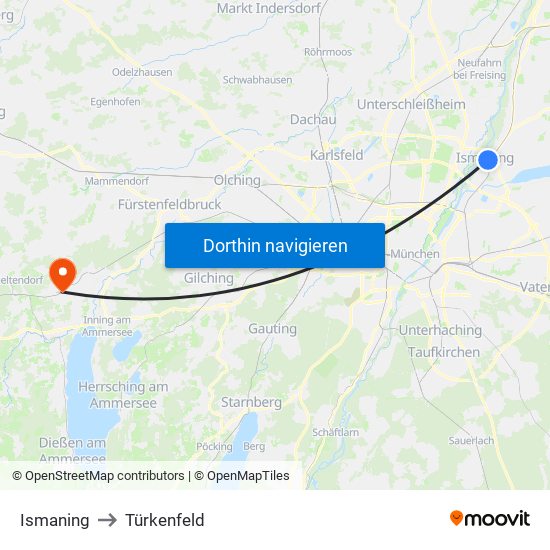Ismaning to Türkenfeld map