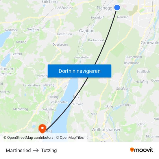 Martinsried to Tutzing map