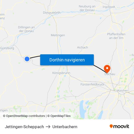 Jettingen-Scheppach to Unterbachern map