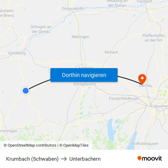 Krumbach (Schwaben) to Unterbachern map