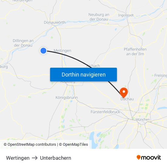 Wertingen to Unterbachern map