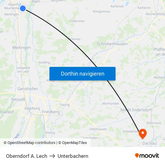 Oberndorf A. Lech to Unterbachern map