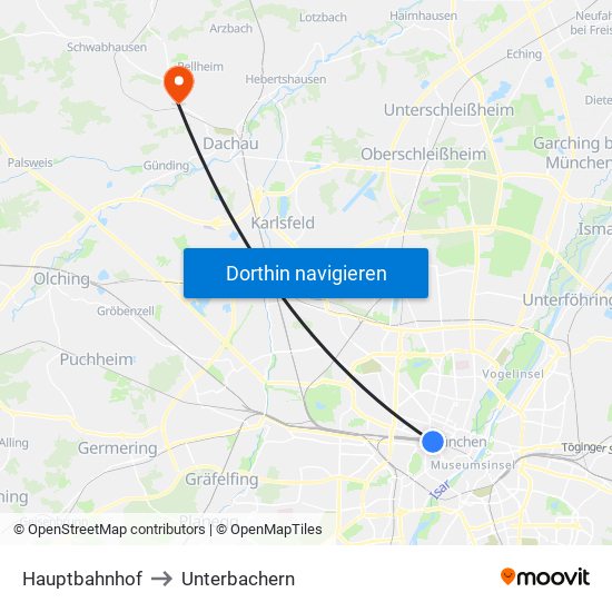 Hauptbahnhof to Unterbachern map