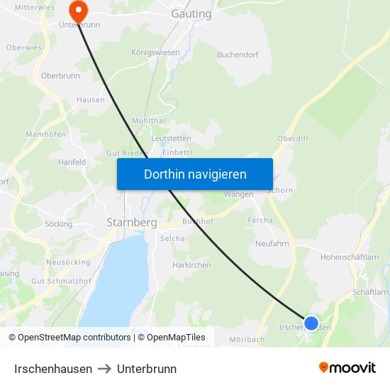 Irschenhausen to Unterbrunn map