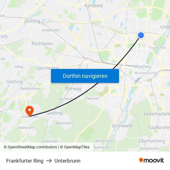 Frankfurter Ring to Unterbrunn map