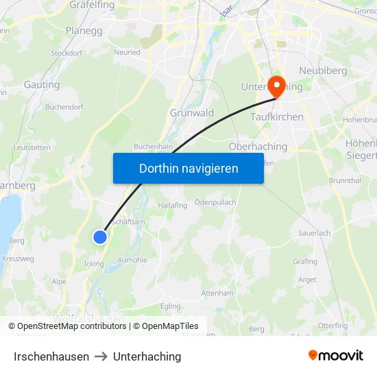 Irschenhausen to Unterhaching map