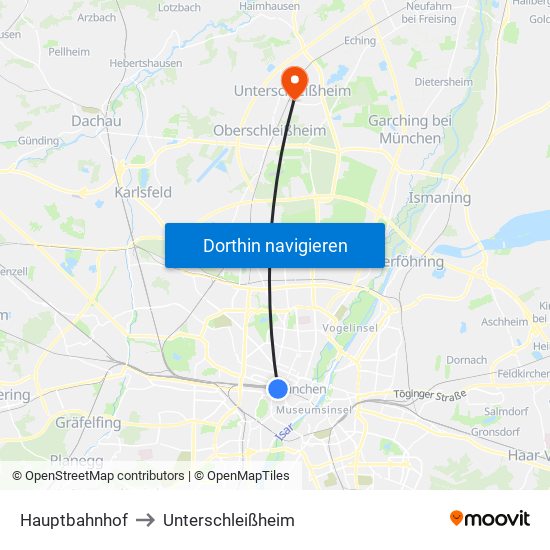 Hauptbahnhof to Unterschleißheim map