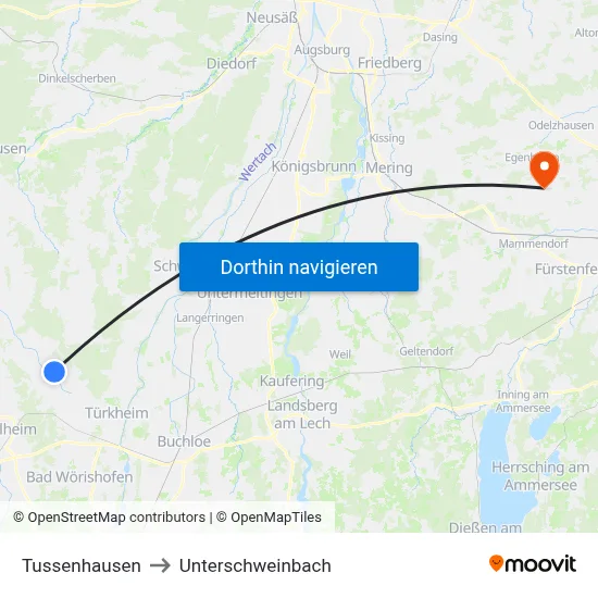 Tussenhausen to Unterschweinbach map