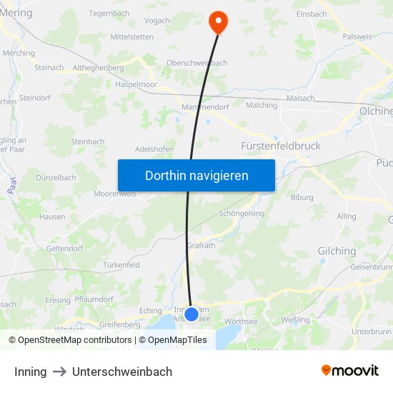 Inning to Unterschweinbach map