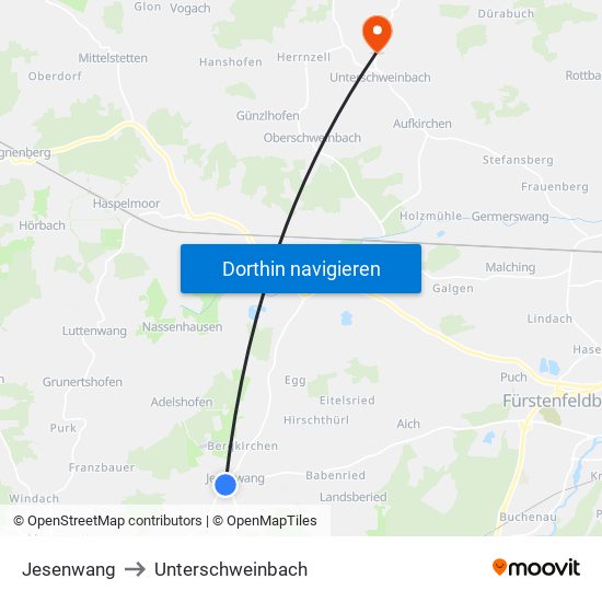 Jesenwang to Unterschweinbach map