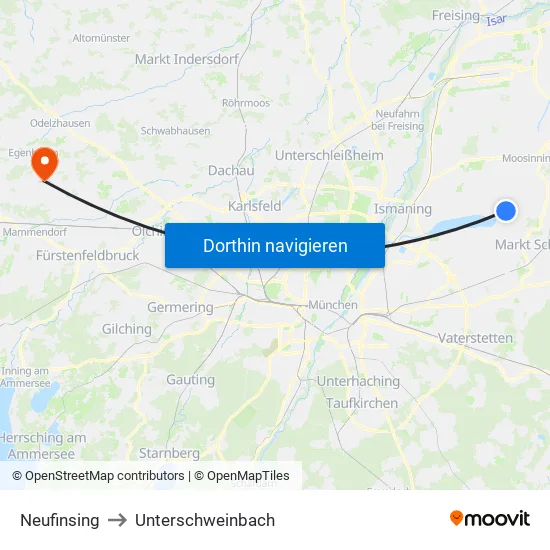 Neufinsing to Unterschweinbach map