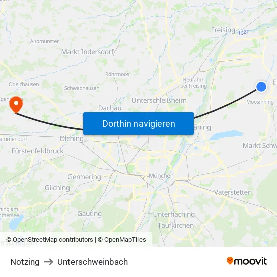 Notzing to Unterschweinbach map