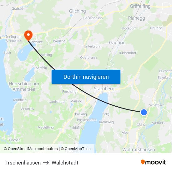 Irschenhausen to Walchstadt map
