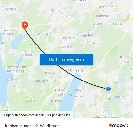 Irschenhausen to Waldbrunn map