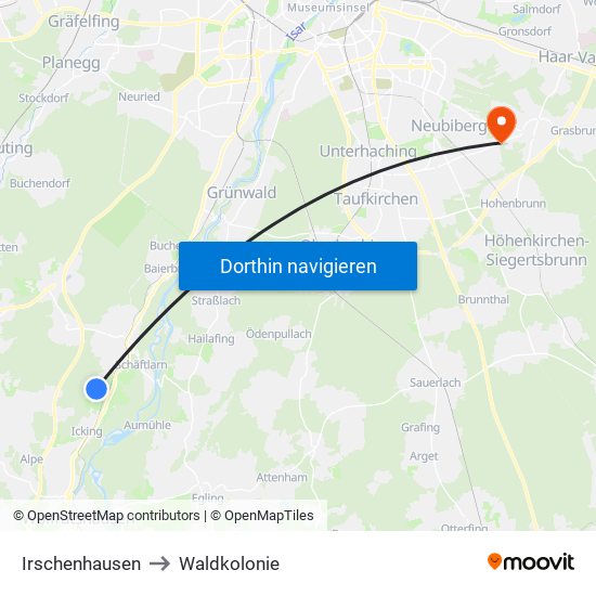 Irschenhausen to Waldkolonie map
