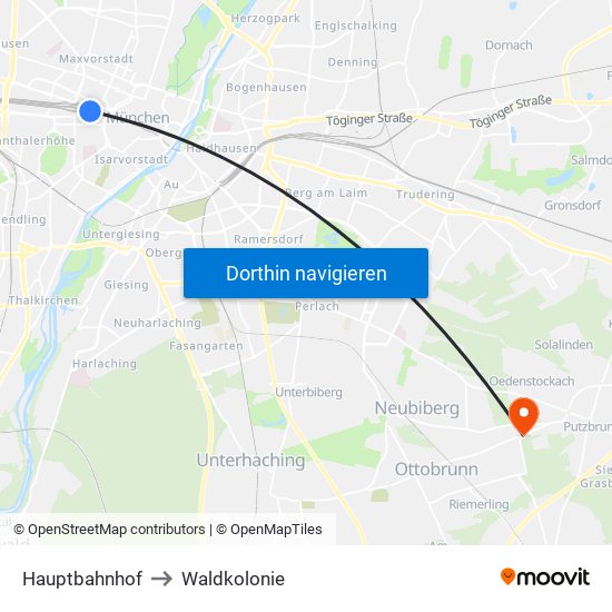 Hauptbahnhof to Waldkolonie map