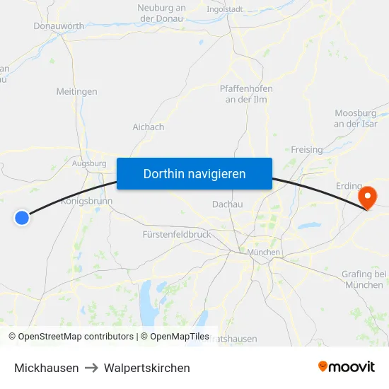 Mickhausen to Walpertskirchen map