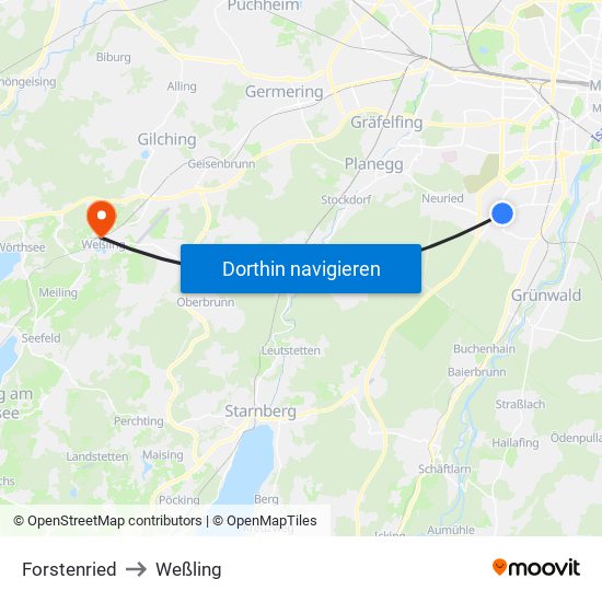 Forstenried to Weßling map