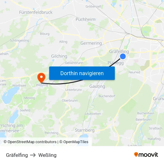 Gräfelfing to Weßling map