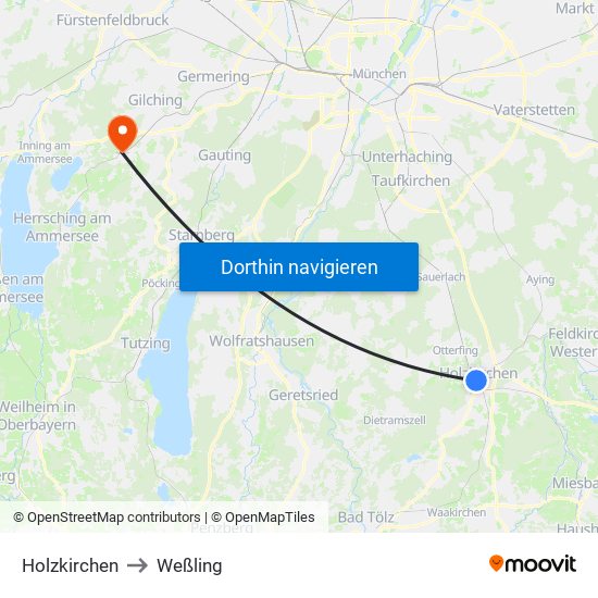 Holzkirchen to Weßling map