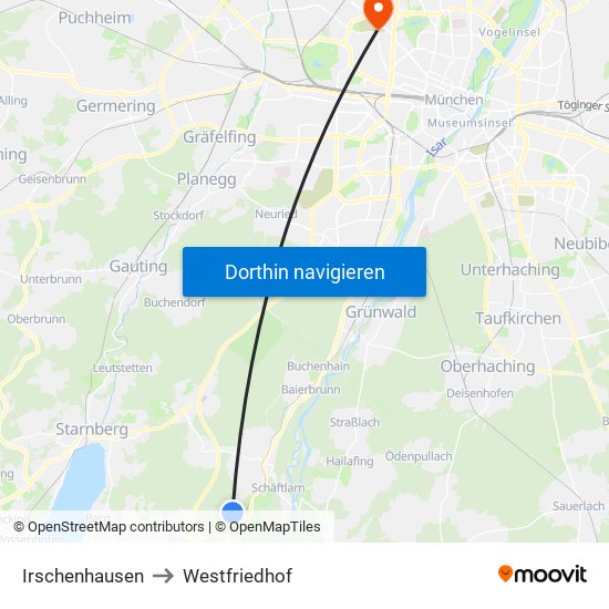 Irschenhausen to Westfriedhof map