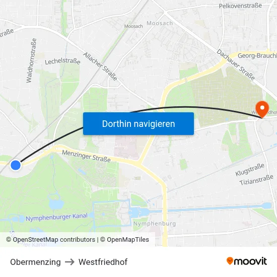 Obermenzing to Westfriedhof map