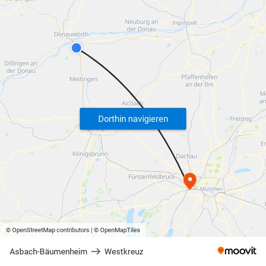 Asbach-Bäumenheim to Westkreuz map