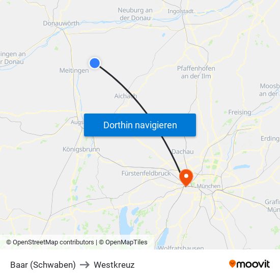 Baar (Schwaben) to Westkreuz map