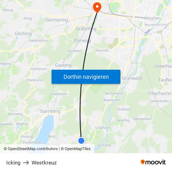 Icking to Westkreuz map