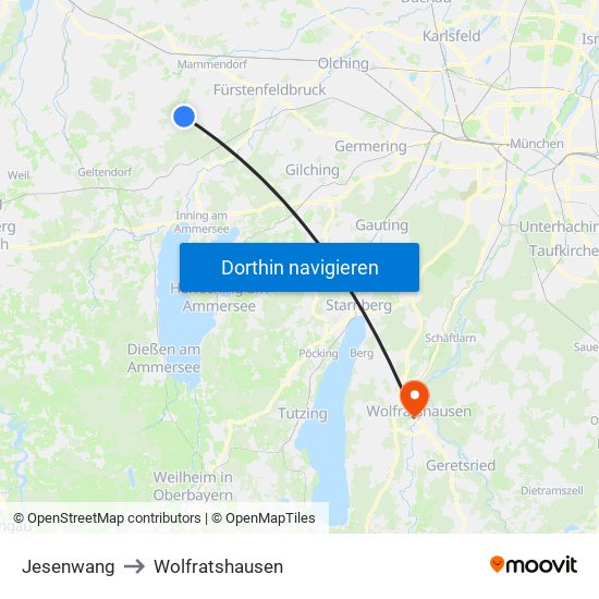 Jesenwang to Wolfratshausen map