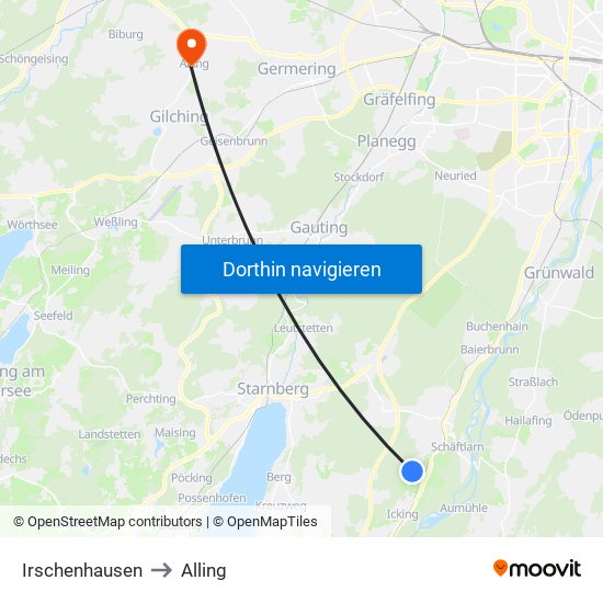 Irschenhausen to Alling map