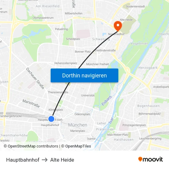 Hauptbahnhof to Alte Heide map