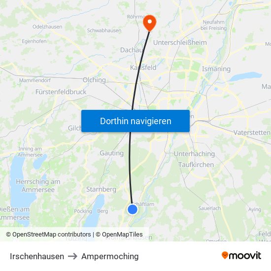 Irschenhausen to Ampermoching map