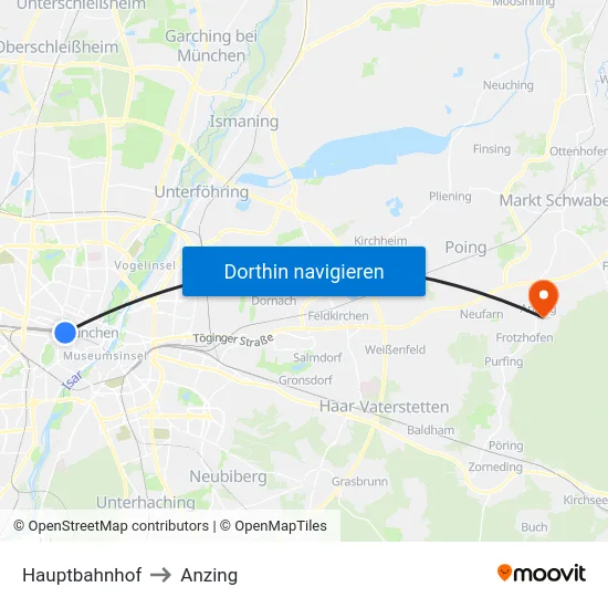 Hauptbahnhof to Anzing map