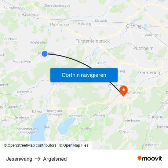 Jesenwang to Argelsried map