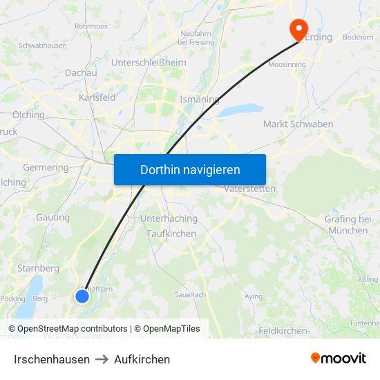 Irschenhausen to Aufkirchen map