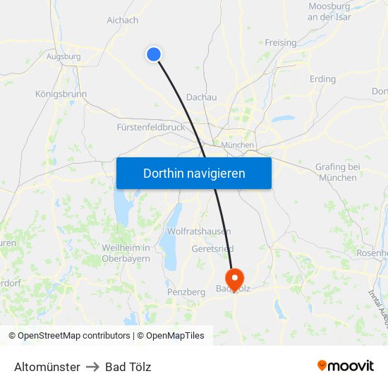 Altomünster to Bad Tölz map