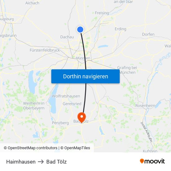 Haimhausen to Bad Tölz map