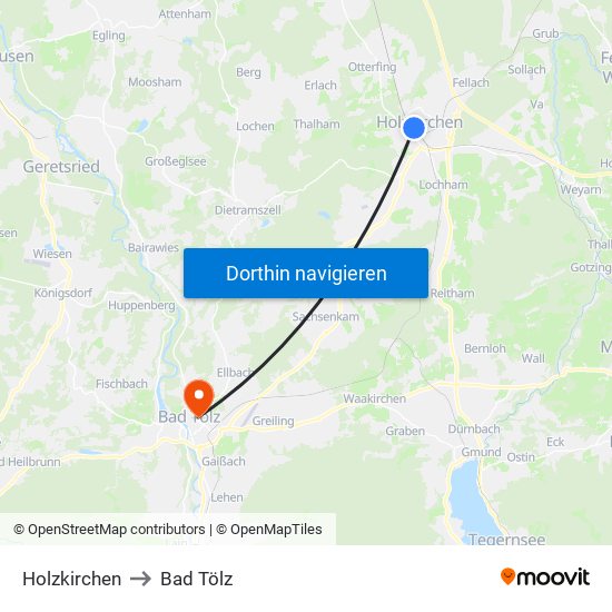 Holzkirchen to Bad Tölz map