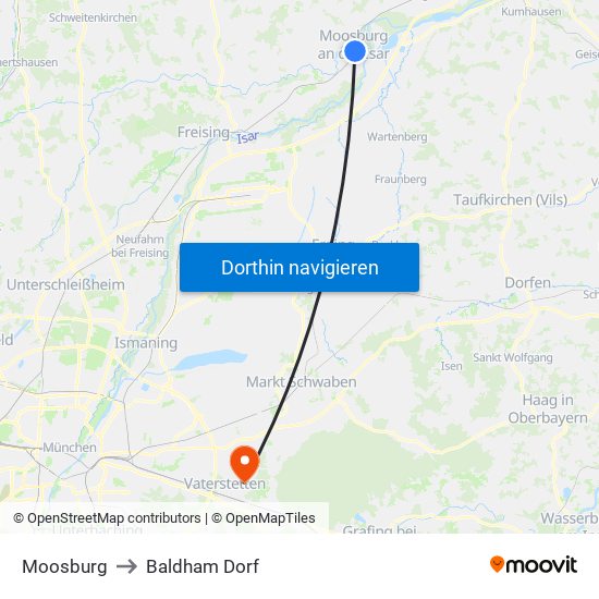 Moosburg to Baldham Dorf map