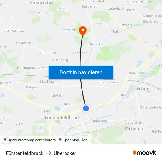 Fürstenfeldbruck to Überacker map