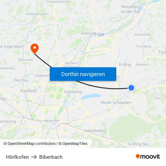 Hörlkofen to Biberbach map
