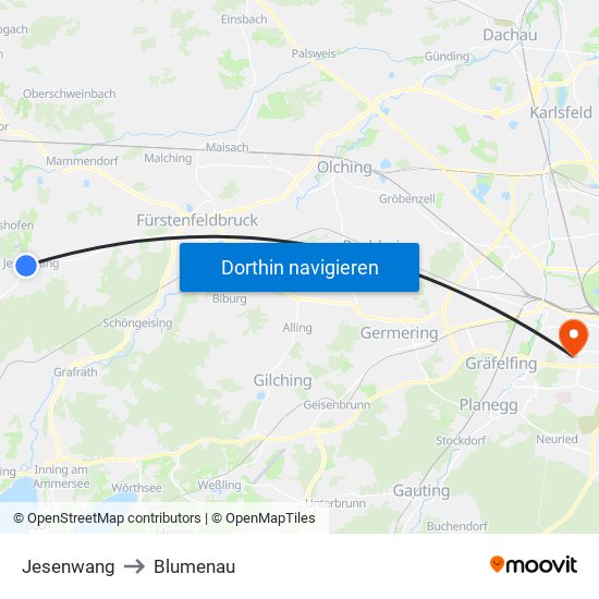 Jesenwang to Blumenau map