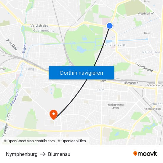 Nymphenburg to Blumenau map