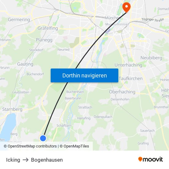 Icking to Bogenhausen map