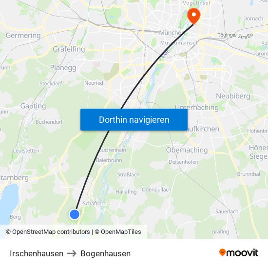 Irschenhausen to Bogenhausen map
