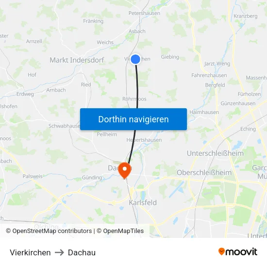 Vierkirchen to Dachau map